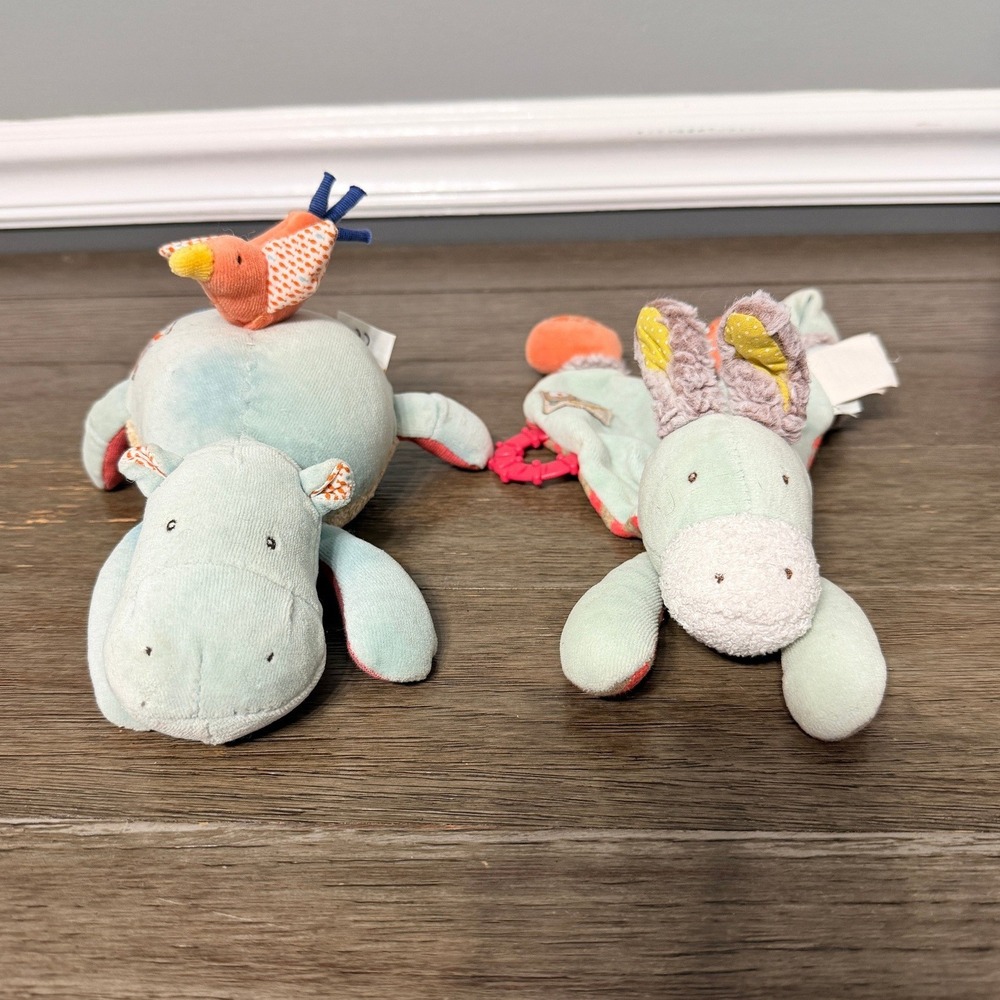 Moulin Roty Biscotte et Pompon Hippo Rattle and Donkey Lovey Teether Set Green